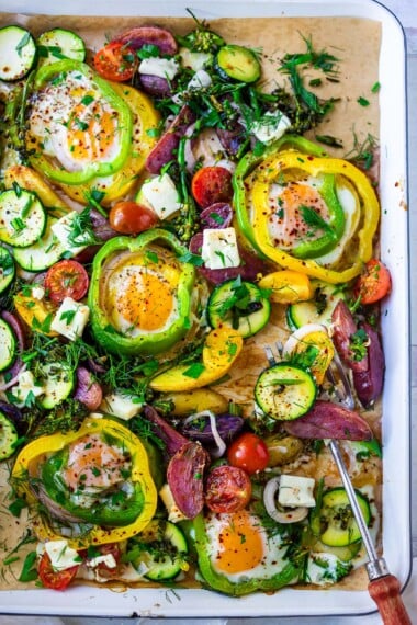 Baked eggs on a sheet pan.