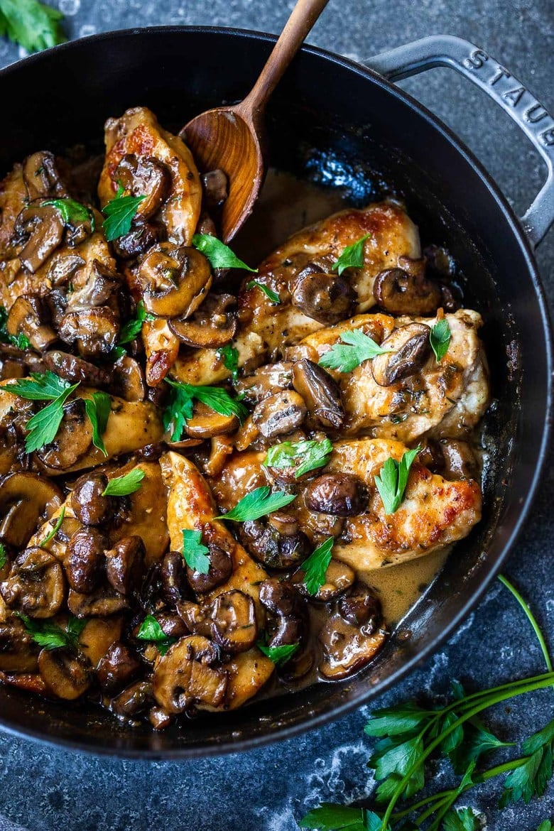 30 Comfort Food Recipes for Fall! How to make classic Chicken Marsala (with double the mushrooms!) in a rich, earthy, complex Marsala Sauce. Serve over creamy polenta, mashed potatoes or mashed cauliflower or roasted spaghetti Squash! (Vegetarian Adaptable-see recipe notes!)