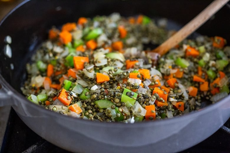 This recipe for Simple Braised French Lentils is nourishing and comforting and a delicious healthy side dish that pairs well with so many things! Leftovers can be frozen, or turned into a salad! #lentils #Frenchlentils #lentilrecipes