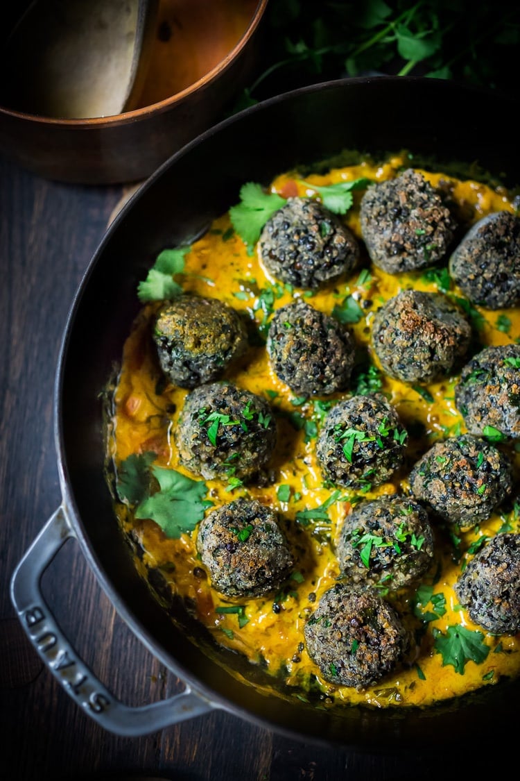 25 Best Lentil Recipes! | Vegan Lentil Meatballs with Indian Coconut Curry Sauce- a delicious healthy meal infused with fragrant Indian spices. Vegan and Gluten Free! #veganmeatballs #lentilmeatballs #vegan #indianmeatballs #veg