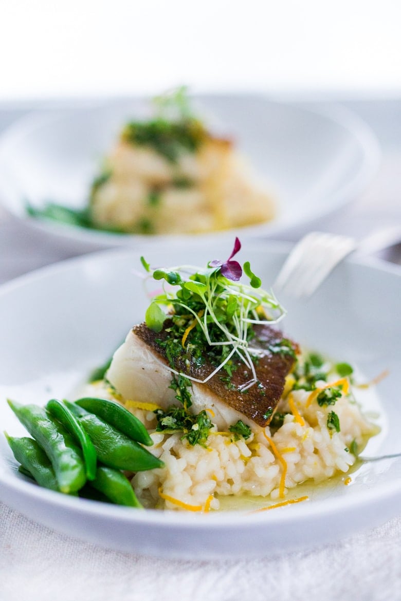 20 BEST FISH RECIPES Seared Black Cod (or halibut, sea bass or scallops) with Meyer Lemon Risotto and Gremolata- a flavorful Italian herb sauce. | #seabass #halibut #risotto #meyerlemon #gremolata ww.feastingathome.com