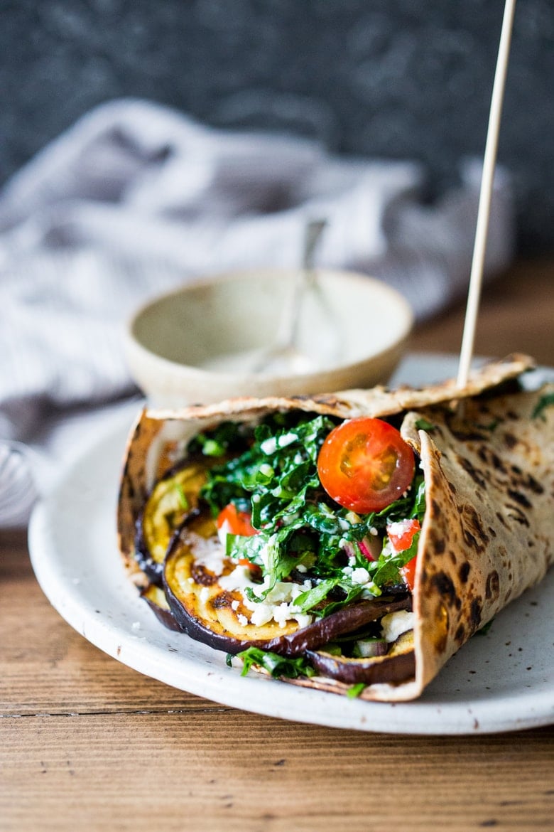 40 Mouthwatering Vegan Dinner Recipes!| Grilled Eggplant Wrap with Kale Slaw and Tahini Sauce | www.feastingathome.com