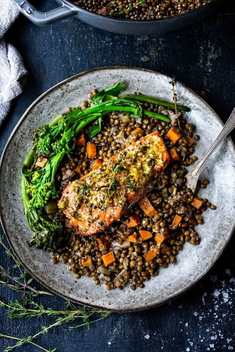 20 BEST FISH RECIPES | Roasted Salmon with Lemon and Thyme served over Braised French Green Lentils- a simple healthy weeknight dinner recipe! #lentils #salmon #bakedsalmon #frenchlemons