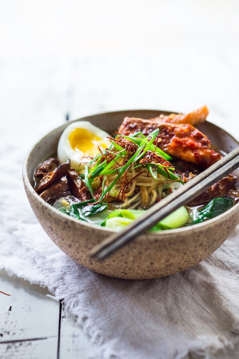 20 BEST FISH RECIPES | Spicy Miso Ramen with Roasted Chili Salmon ( or tofu!) with bok choy, mushrooms and scallions. Vegan and Paleo adaptable! Swap out zucchini noodles or kelp noodles to keep it Paleo! | www.feastingathome.com